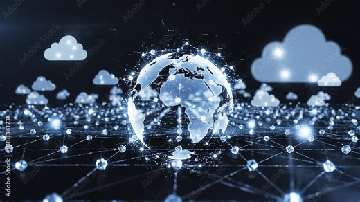 Abstract cloud computing network with interconnected nodes and digital lines, floating cloud