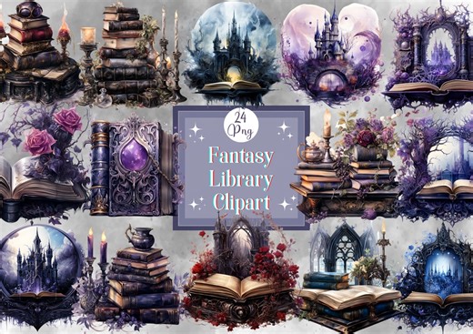 Watercolor Gothic Library Clipart: Fantasy Book Stickers (digital Download) - Etsy