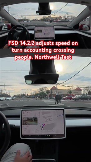 FSD 14.2.2 adjusts speed on turn accounting crossing people. Northwell Test #teslafsd #fsdbeta #fsd