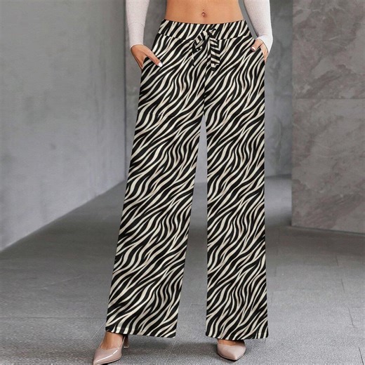 Zebra Wide Leg Pants Women Black White Animal Print High Waist Drawstring Chic Palazzo - Etsy