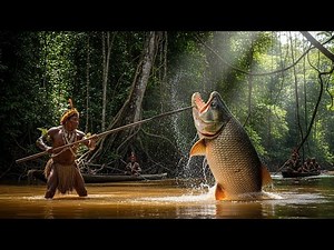 korowai tribe butchering giant Fish in amazon forest