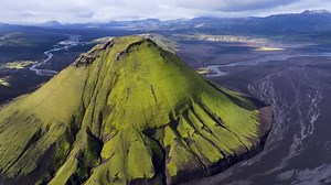 Aerial view of Maelifell mountain and volcanic landscape, Iceland.