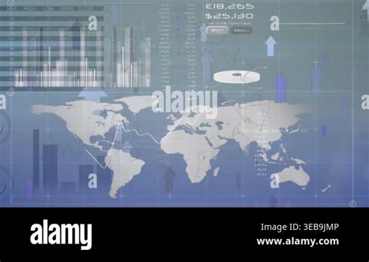 Animation of arrow icons moving upwards over statistical data processing against world map. Business data and analytics technology concept Stock Video Footage - Alamy