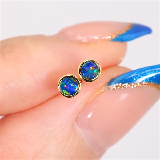 Australian Opal Earrings 14K Yellow Gold Round Stud - Etsy Australia