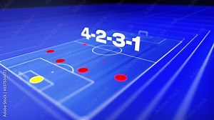 433 football formation animation, 4k 3d soccer pitch and stadium motion graphic in blue with red discs