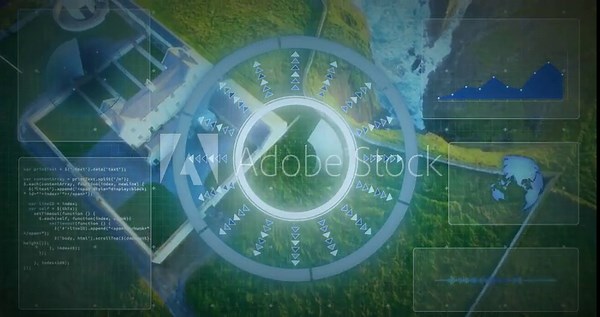 Recon drone initiating scan over coastal plaza, HUD overlay tracking mirror disk for surveillance