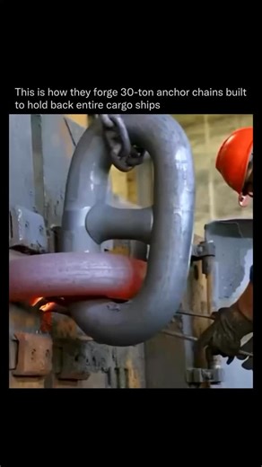 Did You Know on Instagram: "Forging an anchor that can hold a 200,000-ton cargo ship in open oceans is no small task. Each of these anchor chain links is built to hold back ships the size of skyscrapers, battling ocean forces in the most extreme environments on the planet. The process starts with giant steel rods heated to over 2,200°F, softening the metal just enough to be forged into shape by a 1,000-ton hydraulic press. After forming, every link is precision-welded, re-heated, then quenched a