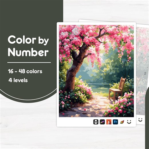 Pink Flower Tree - Color by Number - Digital & Printable - 4 Levels - Etsy