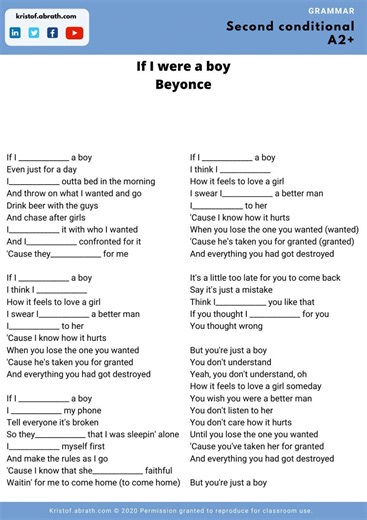 Second conditional If I were a boy song worksheet