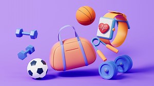 Loop animation of fitness elements with cartoon style, 3d rendering.