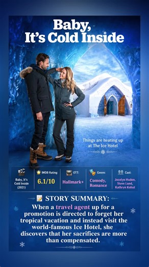 🎬 Baby, It's Cold Inside(2021) 🌟 IMDB Rating: 6.1/10 📺 OTT: Hallmark 🎭 Genre: Comedy, Romance 👥 Cast: Jocelyn Hudon, Steve Lund, Kathryn Kohut 📝 Story Summary: When a travel agent up for a promotion is directed to forget her tropical vacation and instead visit the world-famous Ice Hotel, she discovers that her sacrifices are more than compensated.