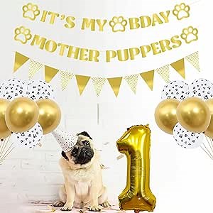 Roetyce Dog Birthday Party Supplies, 15PCS Dog 1st Birthday Decorations Set, Gold It's My Bday Mother Puppers Banner Sign, Dog Paw Birthday Balloons, Puppy Dog First Birthday Decor Backdrop Pennants