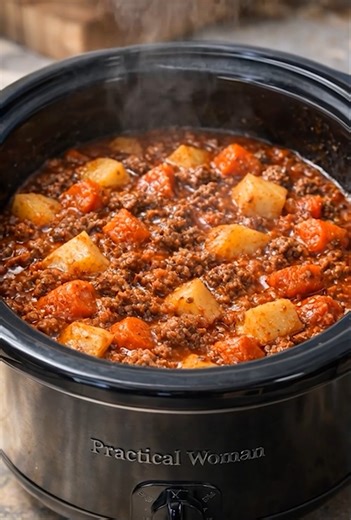 Slow Cooker Poor Man’s Stew Recipe Ingredients 16 oz 93% lean ground beef, Jennie-O 4 medium russet potatoes (about 24 oz total), fresh whole 4 medium carrots (about 8 oz total), fresh whole 1 large yellow onion (about 8 oz), fresh whole 2 cans (15 oz each) no-salt-added tomato sauce, Hunt’s Directions In a large skillet over medium-high heat, cook the 93% lean ground beef for 6–8 minutes, breaking it apart until fully browned and no pink remains, then drain any excess fat completely. Peel and c
