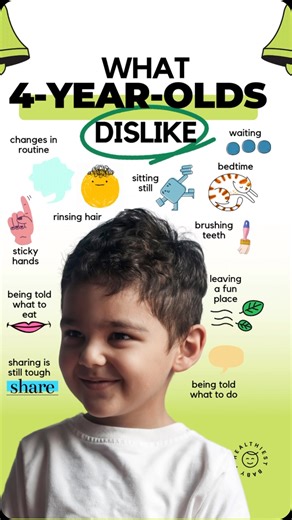 Pediatrician · Big-Hearted Parenting for toddlers & kids on Instagram: "Things 4-Year-Olds Aren’t Huge Fans Of… (aka why everything feels like a mini battle 😅) ✋ Sticky hands 🚪 Leaving fun places 🚿 Rinsing hair 🪥 Brushing teeth ⏳ Waiting 🥦 Being told what to eat 🛏 Bedtime (still!) 🙅 Being told what to do 👕 Changing clothes 👋 Saying goodbye 💡And yes… sharing is still a work in progress. If your 4-year-old resists the everyday stuff, you’re not alone—and you’re not doing it wrong. That d
