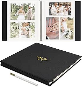 Self Adhesive Photo Album, Black Scrapbook Album with DIY 40 Blank Pages, Wedding Photo Album with A Metallic Pen for 4x6 5x7 2x3 Pictures, 10.6"x11"