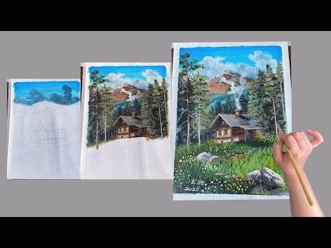 How to paint Log Cabin in the woods/#009/Acrylic/Landscape Painting