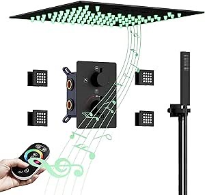 Thermostatic Shower System, ILROOMH Full Body Shower System with Body Jets, 23 Inch Ceiling Mount Rain Shower System with LED Music, Matte Black Multi Shower Head System in Wall (12 inch black shower)