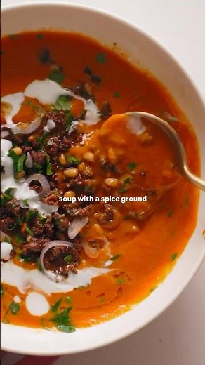 Carrot Soup with Spiced Ground Beef and Pine Nuts