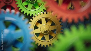 Looping 3D animation of a group of multi-colored gear mechanisms. Close-up. Defocus