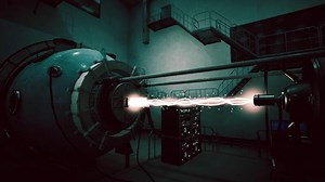 A high tech lab with energy experiments under a night sky