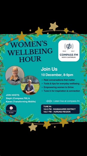 ⭐️ Steph & Karen are back this Wednesday ⭐️ Join us on Compass FM from 8–9pm for a feel-good hour all about self-care as we head into the busy festive season. 🎄 We’ve got easy tips, lots of laughs, great music and a fabulous giveaway you won’t want to miss! 🎙️ Tune in, unwind, and treat yourself to some midweek goodness. Listen worldwide on compass.fm or catch us on your local frequencies (see the tile for details!). 🎄 transformingmidlife.com Compass FM #menopause #perimenopausehealth #perime