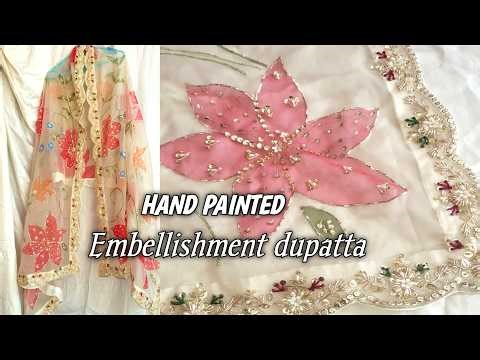 🥀Beautiful Hand Painted & Embellished Dupatta Making😻Easy Fabric Painting Tutorial