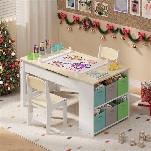 Noelse Kids Art Table and Chairs with Removable Tabletop Storage,Toddler Craft Table and Chair Set for Drawing Studying Playing Wooden Kid Acitivity Table in Playroom Kids Room Living Room, Natural