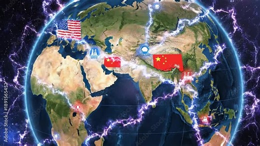 US and China global influence territorial conflict, Geopolitical Global Tension US vs China Influence 3D Map