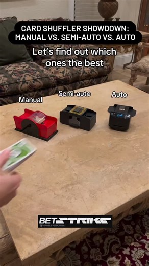 JackpotFeed on Instagram: "Card Shuffler Showdown: Manual vs. Semi-Auto vs. Auto ​This video compares three types of card shuffling devices to see which one reigns supreme: ​Manual Shuffler: A classic red device that requires hand-cranking. It's affordable but prone to frequent jams. ​Semi-Auto Shuffler: A battery-powered option that shuffles with the push of a button. It's faster than manual but can be quite noisy—sounding like a car engine. ​Auto Shuffler & Dealer: The high-tech winner! This d