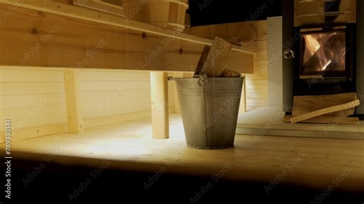 Traditional wooden Finnish sauna with fire stove Stock Video