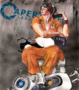 Portal's Chell in the style of Norman Rockwell