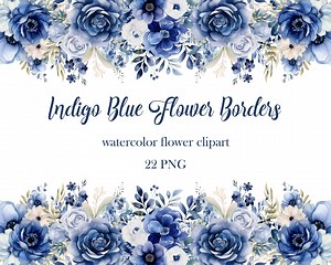 Indigo Blue Flower Border Clipart, Watercolor Flower Borders PNG Bundle, Wedding Floral, Blue Flower PNG, Floral Frame, Digital Download - Etsy