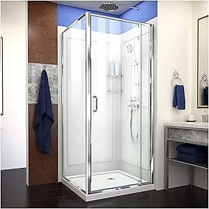 DreamLine Flex 32 in. D x 32 in. W x 76 3/4 in. H Semi-Frameless Shower Enclosure in Chrome with Corner Drain Base and Backwalls, DL-6716-01CL