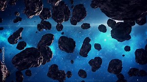 Asteroids drift in deep space among the wreckage of a destroyed planet, a post-apocalyptic futuristic composition