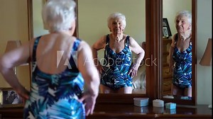 Smiling elderly woman looks at herself in mirror as she models a bathing suit she wears in water aerobics class. Concept of active senior female dancing in mirror.