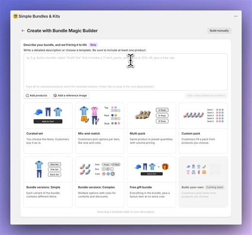 Merchants describe their bundle and we build it for them with Bundle Magic. Pre-written prompts / inspo image upload / and inline product & variant tagging.One of the biggest features we've ever launched on @SimpleBundles So proud of our team for this one 🔥