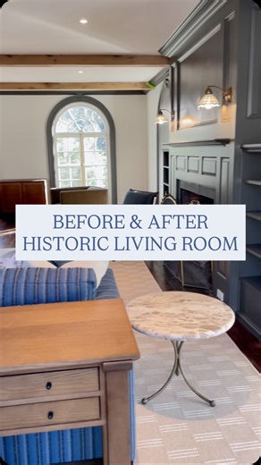 Herringbone & Brass | Luxury Interior Design on Instagram: "The open layout, archways, and built-ins in this living room offered a beautiful foundation for us to build upon. New furniture, fresh paint, a full wall custom built-in, and elegant oak beams transformed the space into a functional and inviting family room for the new homeowners. Just beyond the arched doors flanking the fireplace is the sunroom, which was also thoughtfully reimagined to support the new homeowners needs. Come back to s
