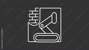 Animated robotic builder white icon. Automated building process line animation. Advancement robotic work. Isolated illustration on dark background. Transition alpha video. Motion graphic