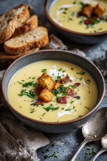 Mosterdsoep met Prei en Spek 🥓🥣 Soft, romig en vol smaak — een verwarmende kom comfort met een pittig randje van Dijon! Ingrediënten (2–4 personen) Voor de Soep: • Prei, in ringen, 2 stuks • Halal spek (runder- of kalkoenreepjes), 4 plakjes of ± 100 g • Ui, gesnipperd, 1 middelgrote • Knoflook, fijngehakt, 2 teentjes • Groente- of kippenbouillon, 1 liter • Slagroom, 250 ml • Dijonmosterd, 2 el • Zout & peper, naar smaak Voor Serveren: • Verse bieslook of peterselie, fijngehakt, 1 el ⸻ Voedings