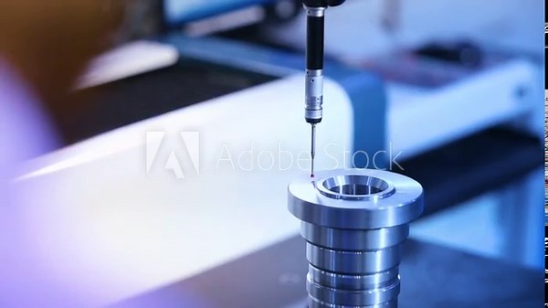 coordinate-measuring machine CMM device measuring geometry of physical metal steel tool component objects by sensing points on the surface of part accuracy manufacturing and processes test. blurry.