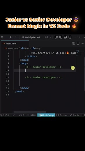 Junior Developer writes multiple heading tags manually ❌ Senior Developer uses Emmet abbreviation 😎 Just type: h${Title $}*3 Press Enter 💥 And all headings generate instantly 🚀 Code faster. Save time. Think smarter 💻✨ Support with a like ❤️ More VS Code tricks on Telegram 🔥 @CodeByGaurav #vscode #emmet #html #webdevelopment #frontend #coding #developer #programming #codingtips #shorts #codebygourav | Code By Gaurav