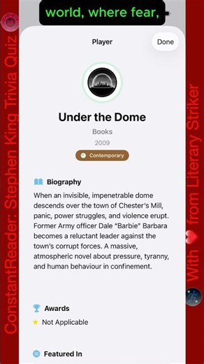 ConstantReader: Stephen King Trivia Quiz. Round 92. Under the Dome. (1/28)