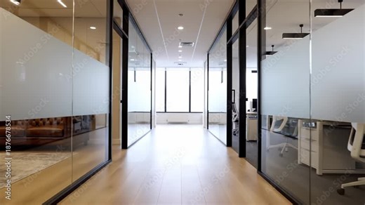 Empty Office Corridor with Glass Walls and Professional Workspace Loop, 4K Video for Corporate Business Backgrounds