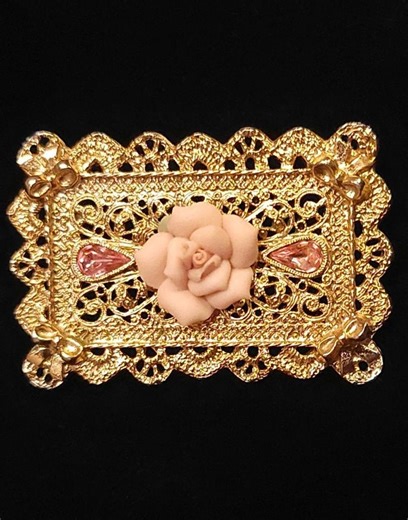 VTG - 1928 Jewelry - Rectangular Gold Tone Brooch - Porcelain Rose With Pink Rhinestones - 1990s - Etsy