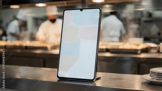 Closeup medium shot of a digital menu screen on a buffet counter highlighting dish names and allergens prominently kitchen activity softly blurred behind.