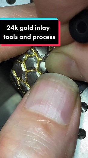 Explaining the 24k gold inlay process and tools. #differentseasonsjewelry #handengraving #mensjewelry #ring #gold