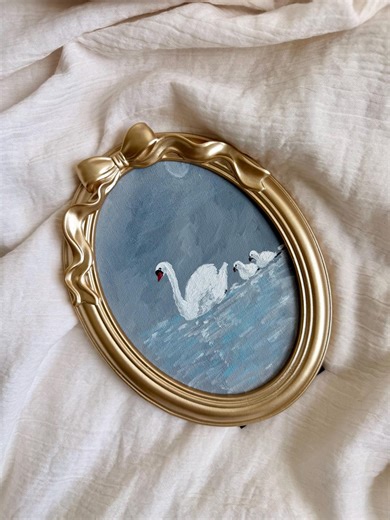 Original Swan Family Oil Painting, Hand-painted Art in a Gold Vintage Frame - Etsy
