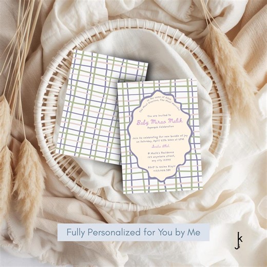 Personalized Pastel Grid Plaid Baby Celebration Card, Soft Pastel Checkered Aqiqah Invitation, Custom Double Sided Colorful Gingham Invite - Etsy