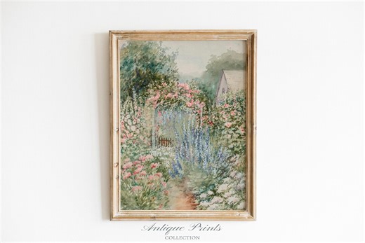 Flowers Garden Painting, Vintage Spring Cottage Wall Art, Antique Watercolor Flower Print, Floral Farmhouse Wall Decor - PRINTABLE - Etsy