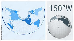 World map animation. Albers equal-area conic projection. Colored continents style. Animated world map in Albers projection. Loopable animation showing longitude shift and matching globe.